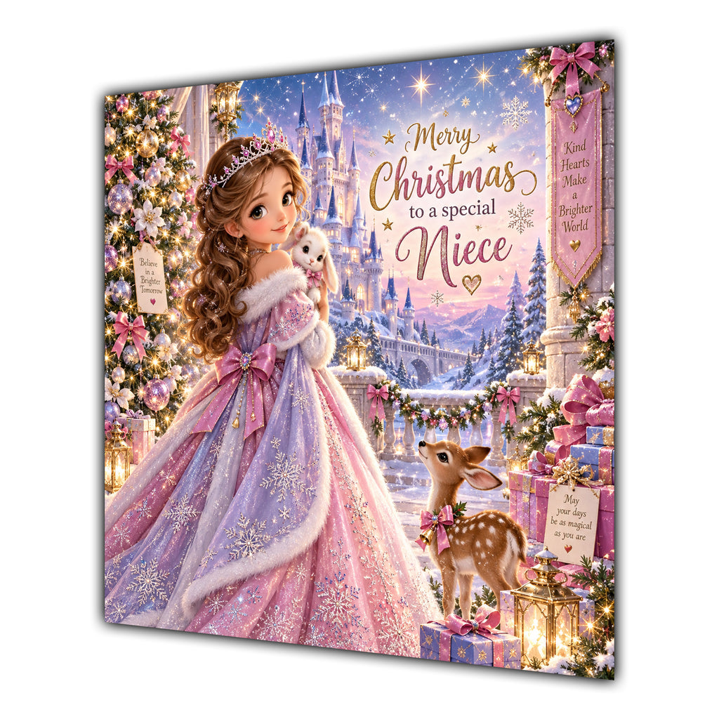 Niece Christmas Card Christmas Princess Pink Dress Winter Castle - unpersonalised 15 cm square matte greeting card