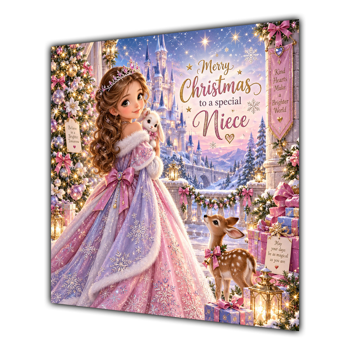 Niece Christmas Card Christmas Princess Pink Dress Winter Castle - unpersonalised 15 cm square matte greeting card