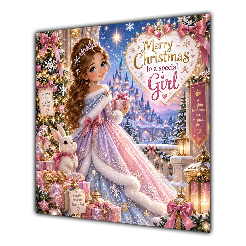 Girl Christmas Card Christmas Princess Pink Dress Winter Castle - unpersonalised 15 cm square matte greeting card