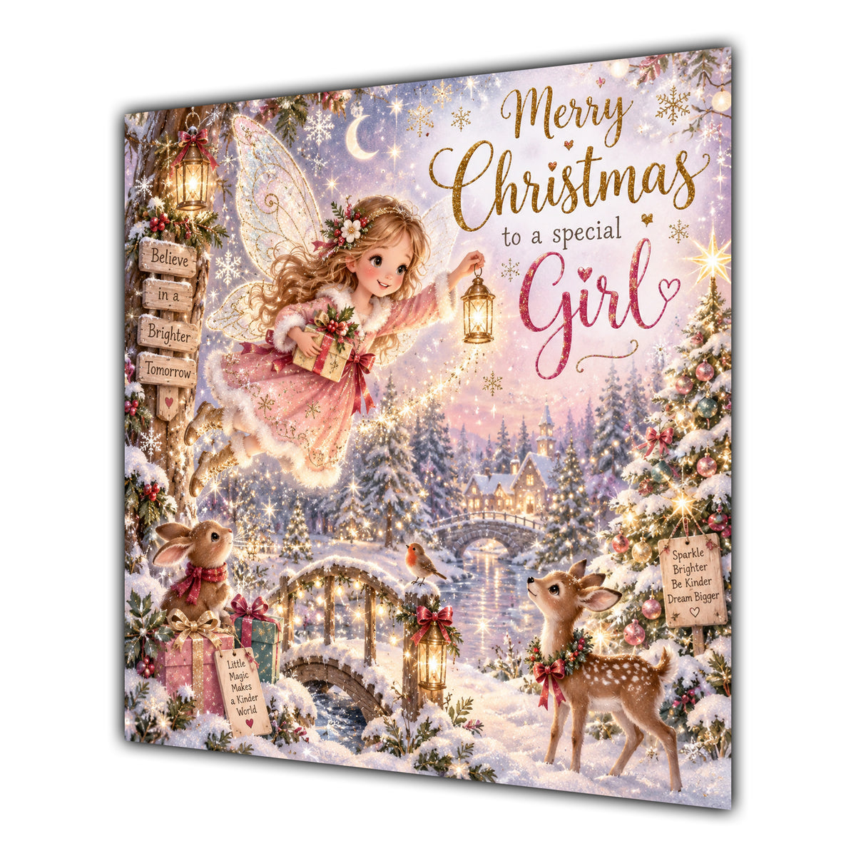 Girl Christmas Card Pink Christmas Fairy Snowy Woodland Animals - unpersonalised 15 cm square matte greeting card