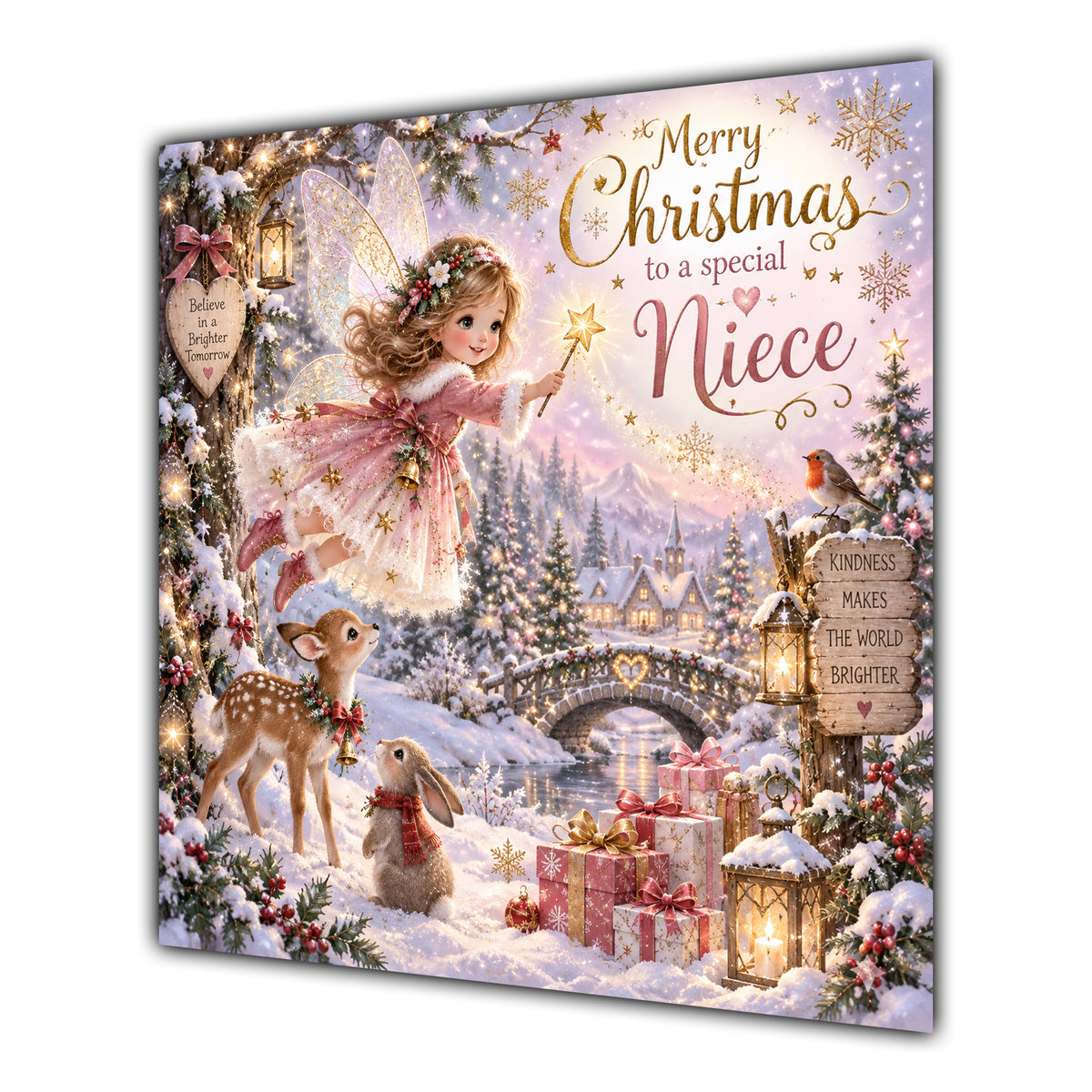 Niece Christmas Card Pink Christmas Fairy Snowy Woodland Animals - unpersonalised 15 cm square matte greeting card