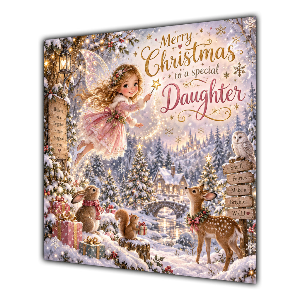 Daughter Christmas Card Pink Christmas Fairy Snowy Woodland Animals - unpersonalised 15 cm square matte greeting card