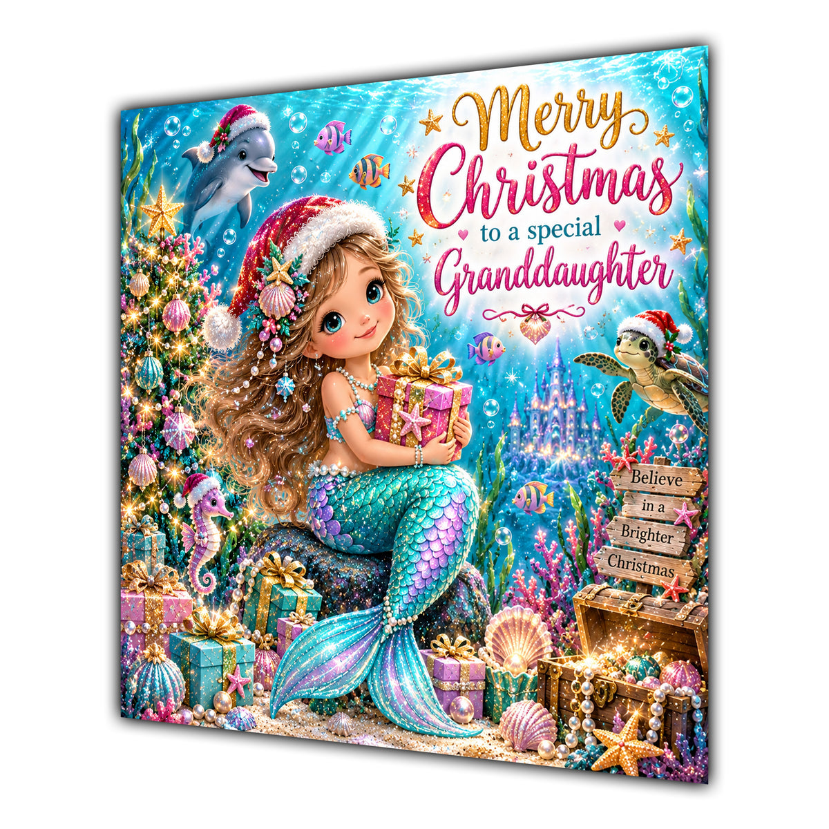 Granddaughter Christmas Card Christmas Mermaid Dolphins Underwater Gifts - unpersonalised 15 cm square matte greeting card