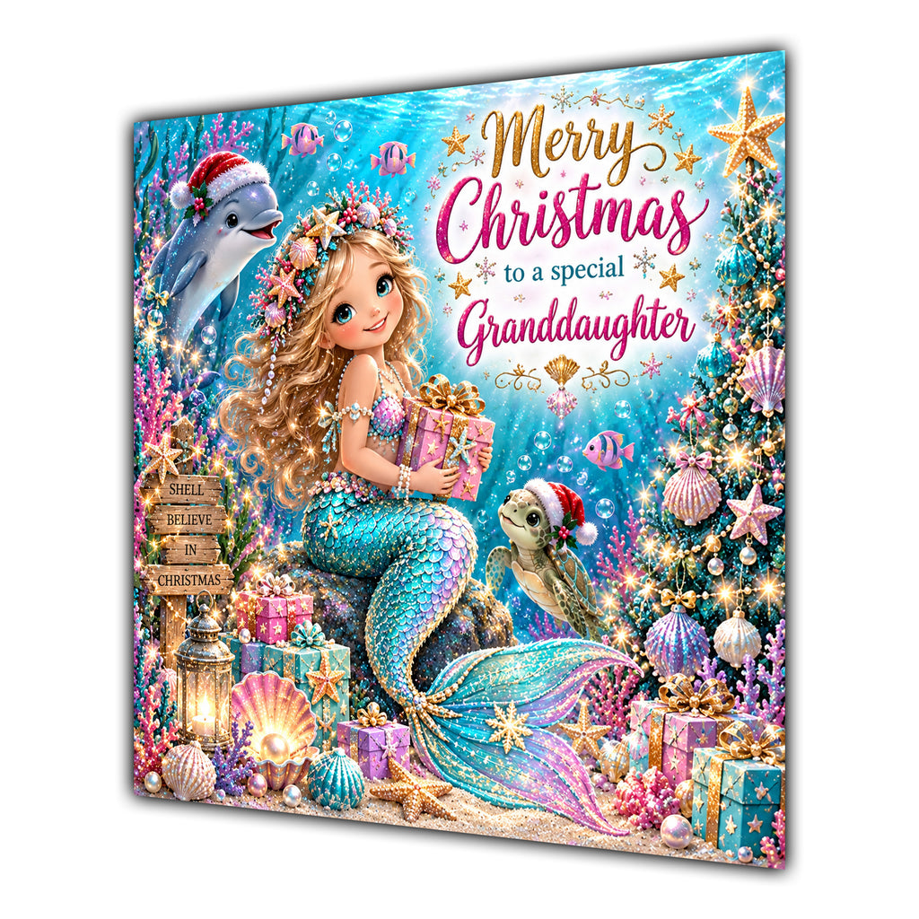 Granddaughter Christmas Card Christmas Mermaid Dolphins Underwater Gifts - unpersonalised 15 cm square matte greeting card
