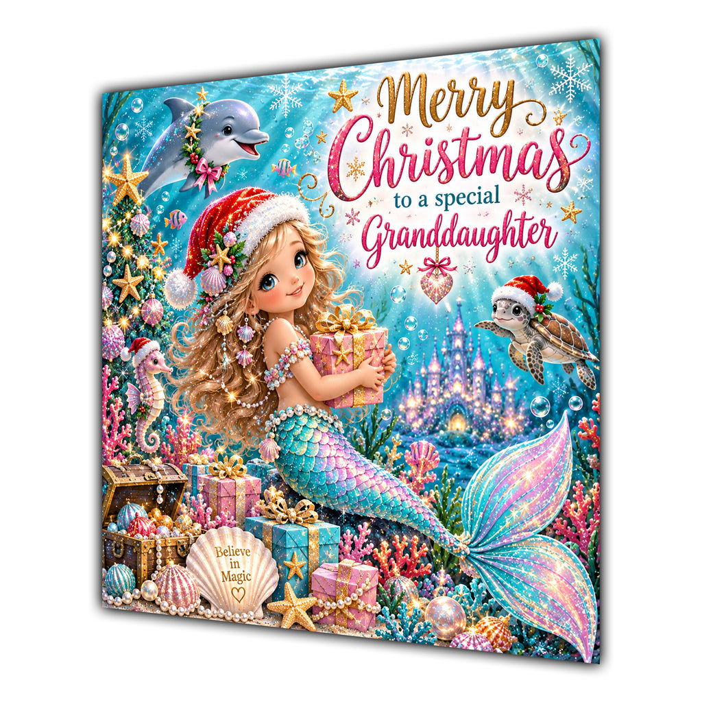 Granddaughter Christmas Card Christmas Mermaid Dolphins Underwater Gifts - unpersonalised 15 cm square matte greeting card