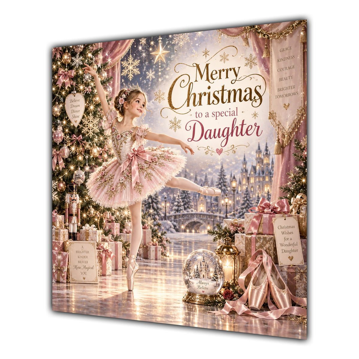 Daughter Christmas Card Ballerina Pink Tutu Christmas Tree and Gifts - unpersonalised 15 cm square matte greeting card