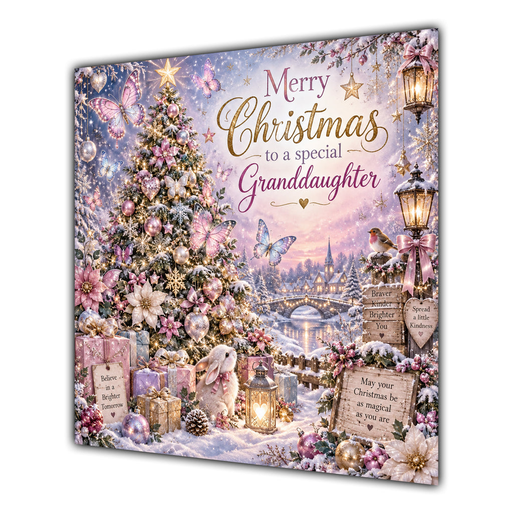 Granddaughter Christmas Card Pink Christmas Tree Snowy Village and Gifts - unpersonalised 15 cm square matte greeting card