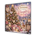 Daughter Christmas Card Pink Christmas Tree Snowy Village and Gifts - unpersonalised 15 cm square matte greeting card