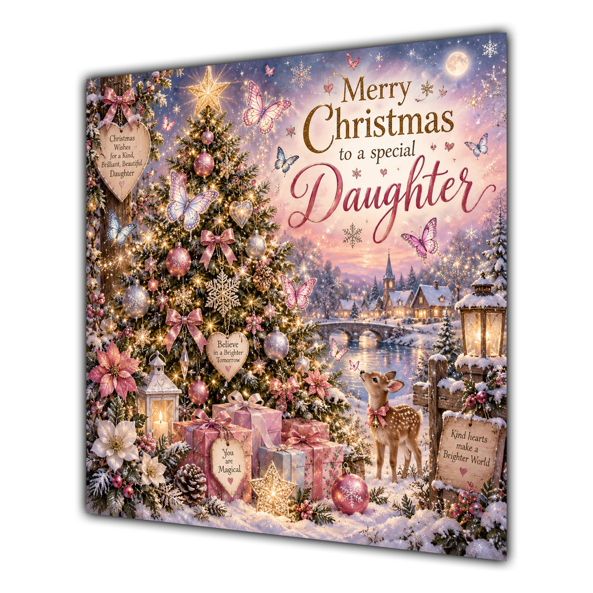 Daughter Christmas Card Pink Christmas Tree Snowy Village and Gifts - unpersonalised 15 cm square matte greeting card