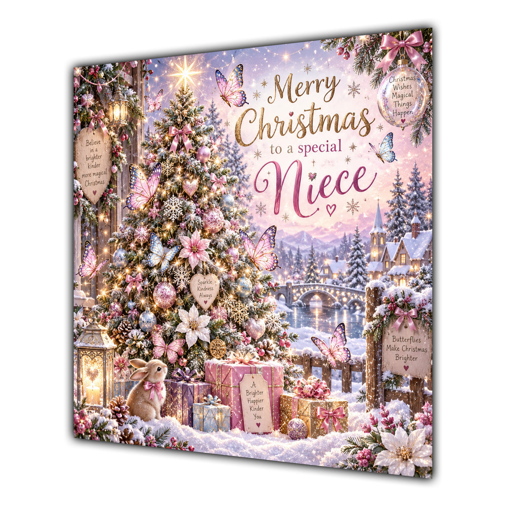 Niece Christmas Card Pink Christmas Tree Snowy Village and Gifts - unpersonalised 15 cm square matte greeting card