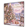 Niece Christmas Card Pink Christmas Tree Snowy Village and Gifts - unpersonalised 15 cm square matte greeting card