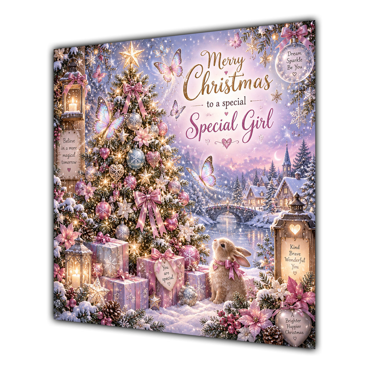 Girl Christmas Card Pink Christmas Tree Snowy Village and Gifts - unpersonalised 15 cm square matte greeting card