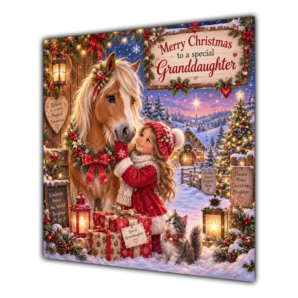 Granddaughter Christmas Card Girl and Pony Christmas Gifts Snowy Stable - unpersonalised 15 cm square matte greeting card