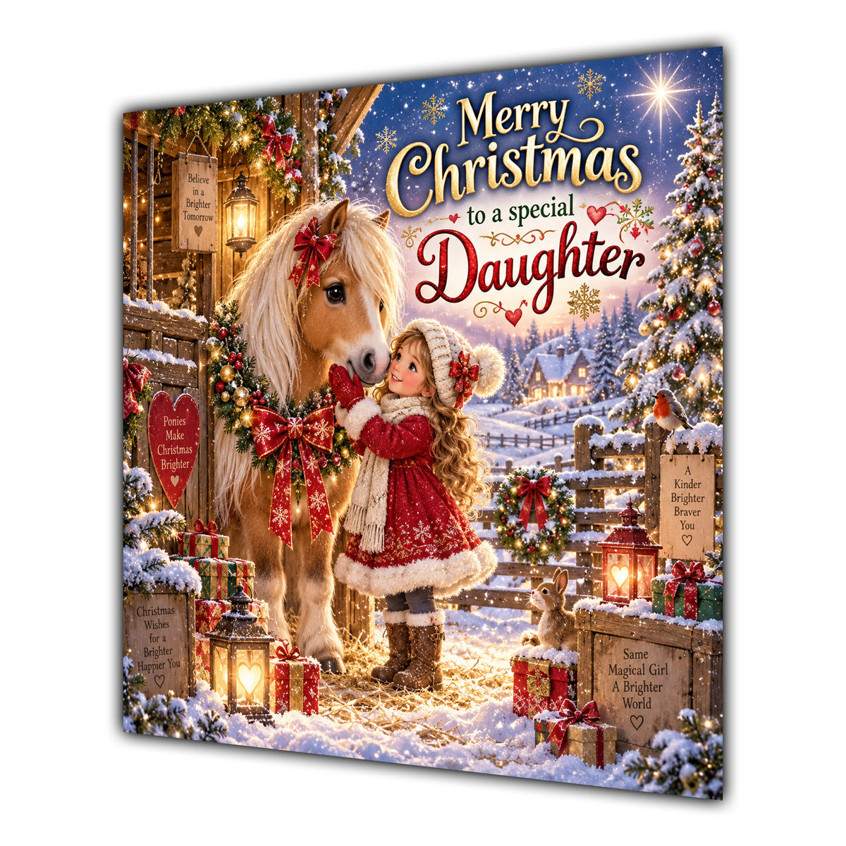 Daughter Christmas Card Girl and Pony Christmas Gifts Snowy Stable - unpersonalised 15 cm square matte greeting card