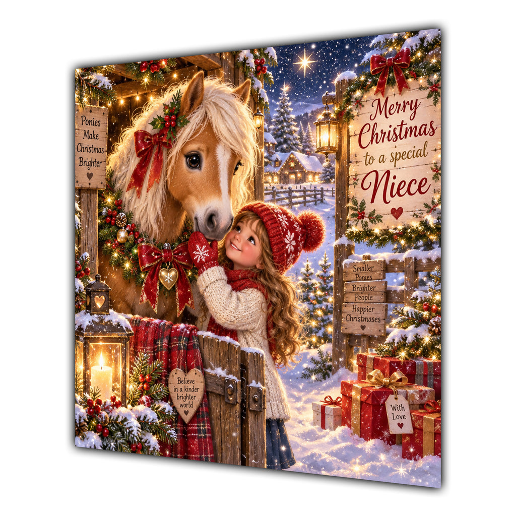 Niece Christmas Card Girl and Pony Christmas Gifts Snowy Stable - unpersonalised 15 cm square matte greeting card