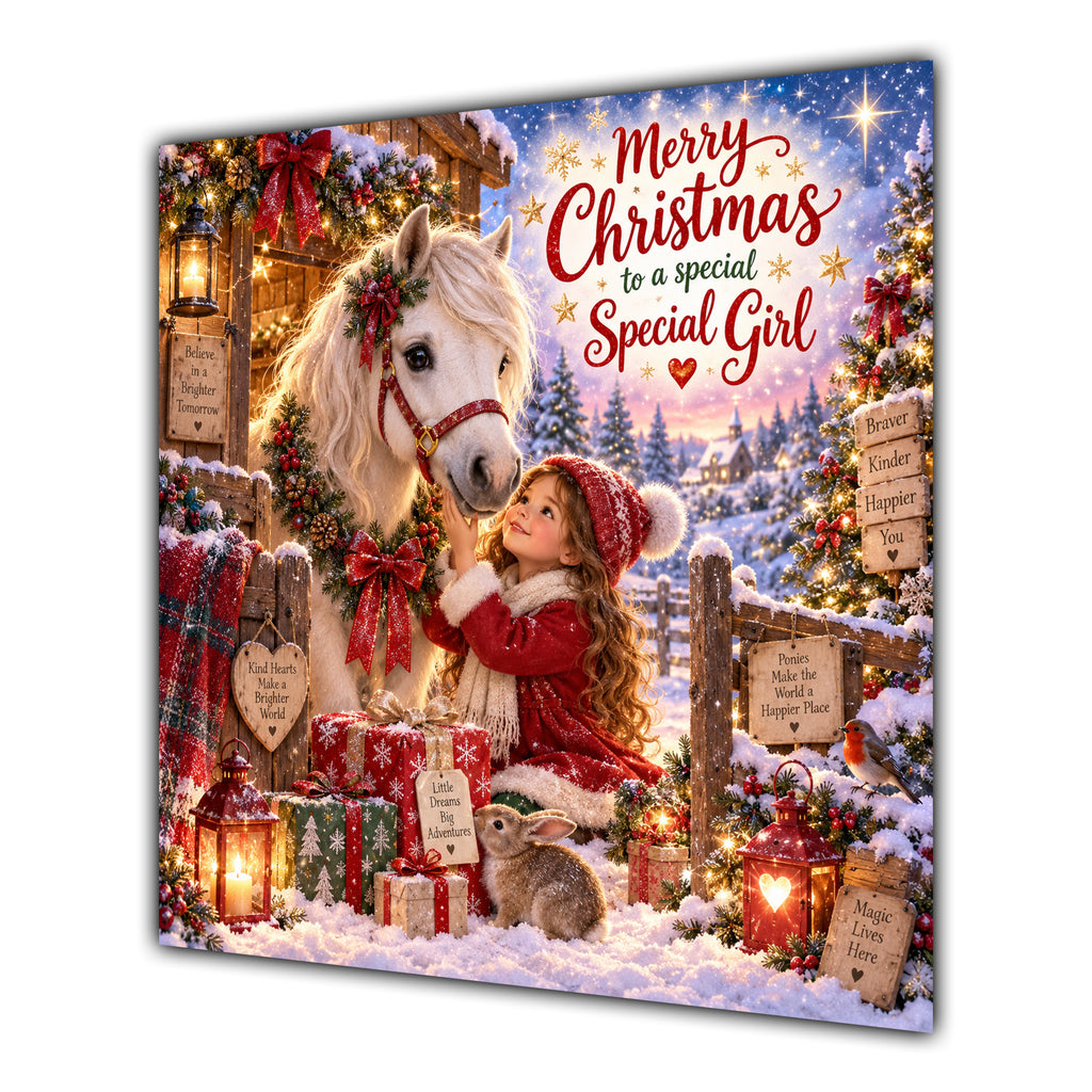 Girl Christmas Card Girl and Pony Christmas Gifts Snowy Stable - unpersonalised 15 cm square matte greeting card
