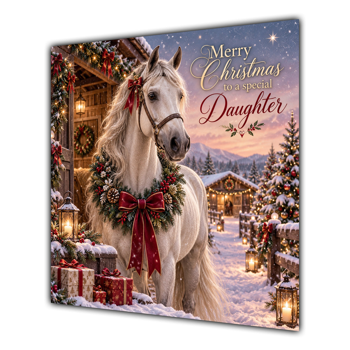 Daughter Christmas Card White Horse Snowy Stable Christmas Gifts - unpersonalised 15 cm square matte greeting card