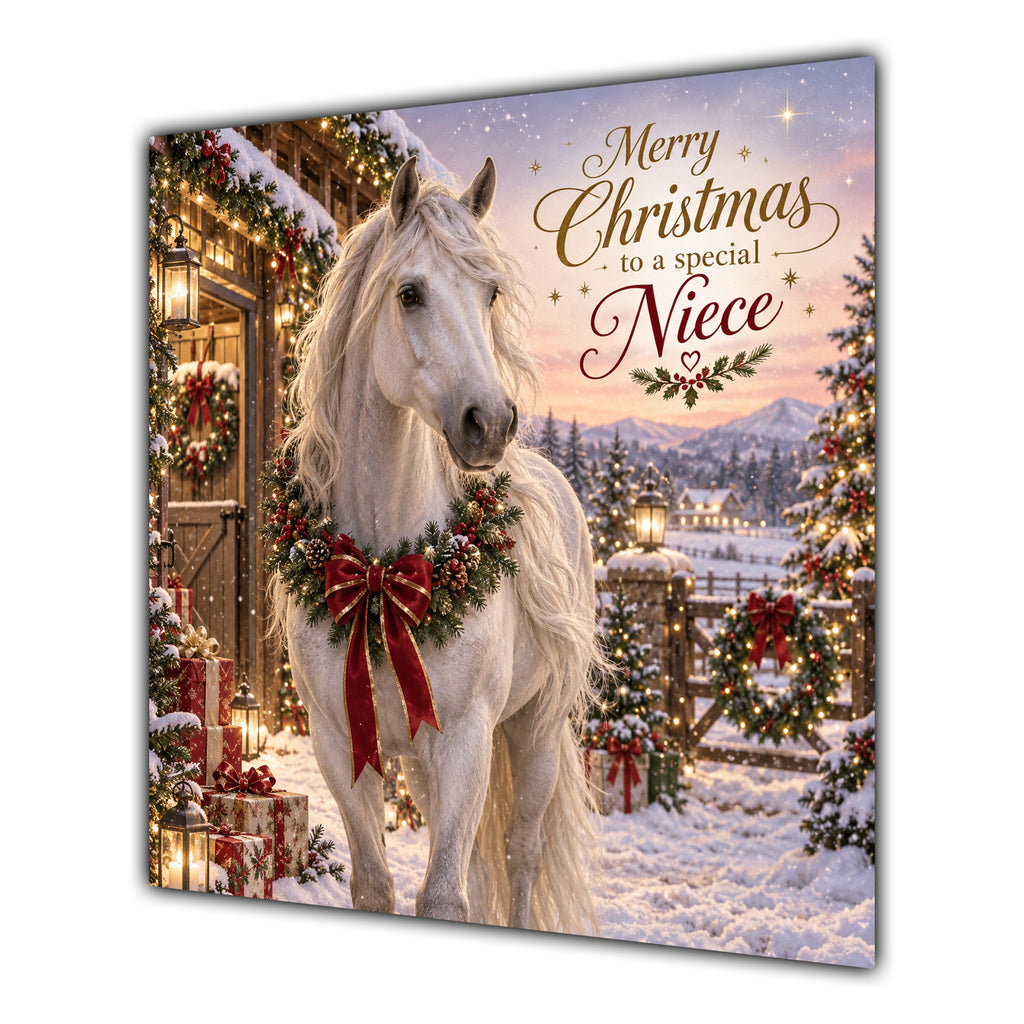 Niece Christmas Card White Horse Snowy Stable Christmas Gifts - unpersonalised 15 cm square matte greeting card