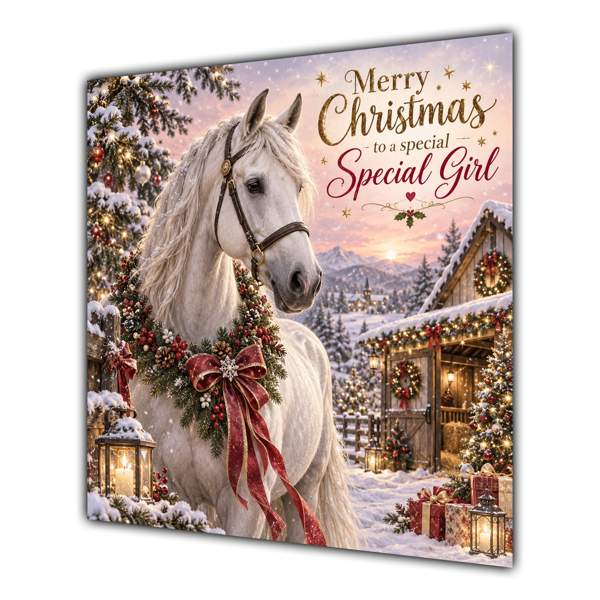 Girl Christmas Card White Horse Snowy Stable Christmas Gifts - unpersonalised 15 cm square matte greeting card