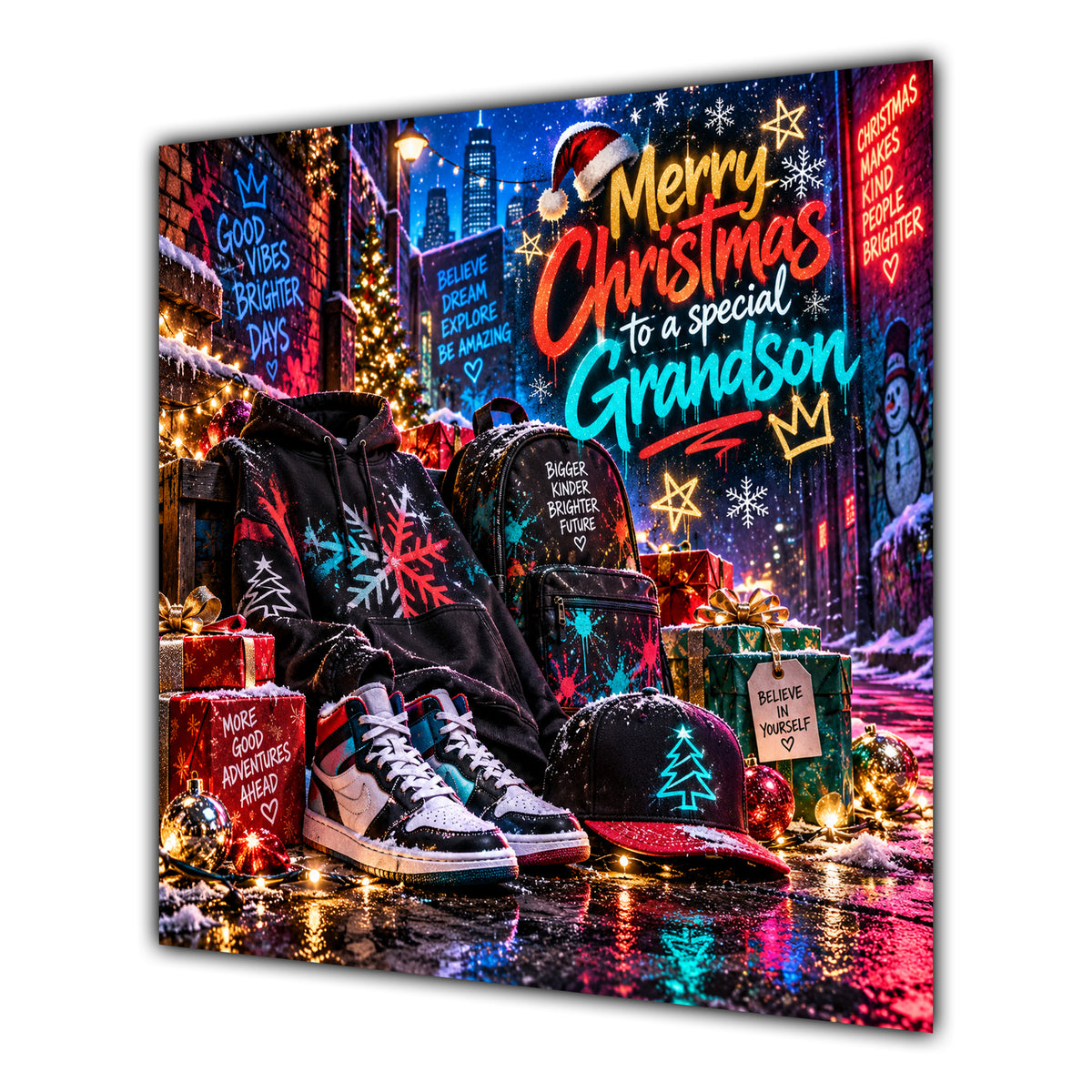Grandson Christmas Card Neon Trainers Hoodie Cap Christmas Gifts - unpersonalised 15 cm square matte greeting card