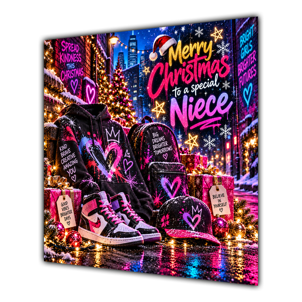 Niece Christmas Card Neon Trainers Hoodie Cap Christmas Gifts - unpersonalised 15 cm square matte greeting card