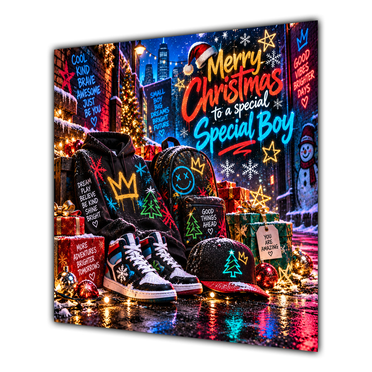 Boy Christmas Card Neon Trainers Hoodie Cap Christmas Gifts - unpersonalised 15 cm square matte greeting card