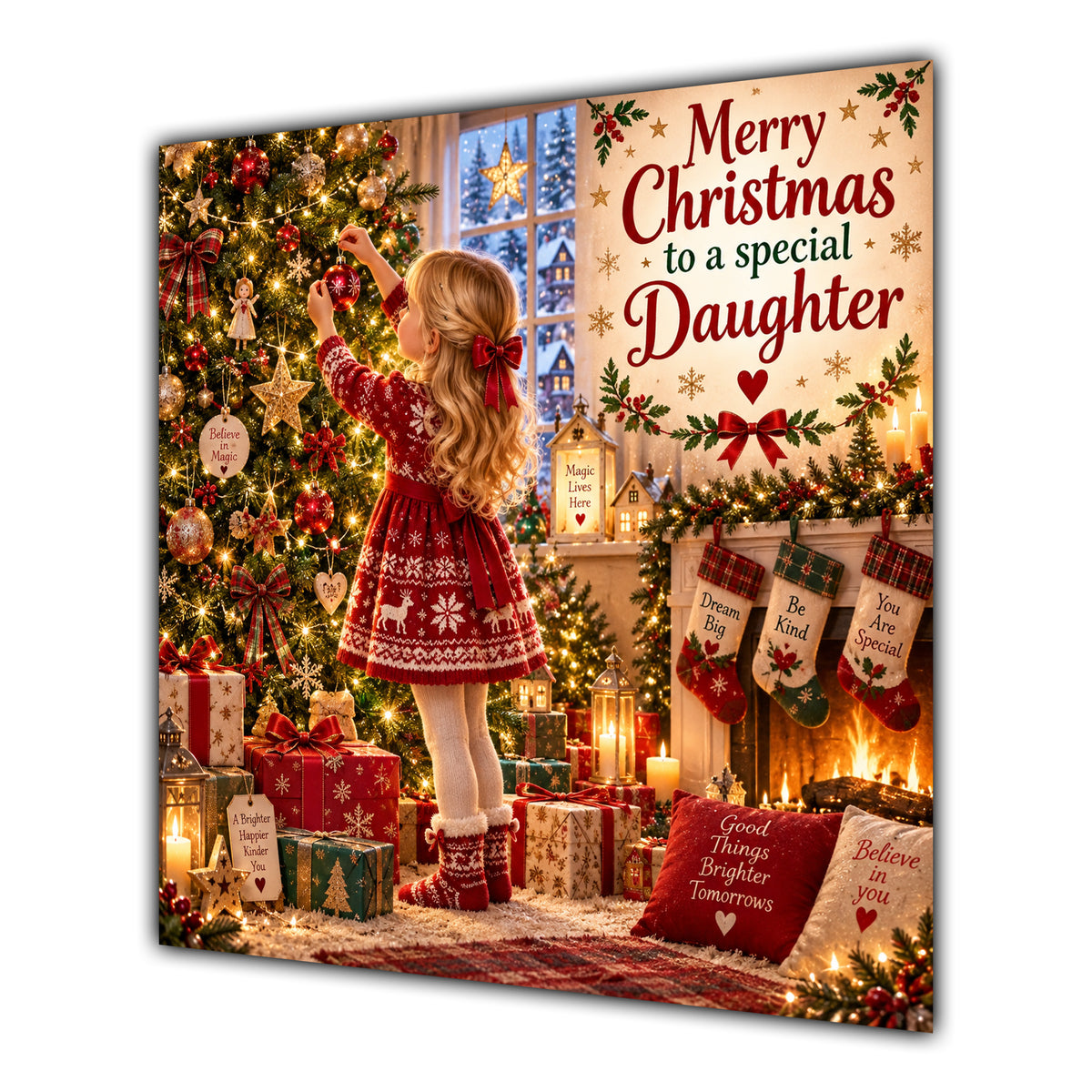 Daughter Christmas Card Girl Decorating Christmas Tree Red Jumper - unpersonalised 15 cm square matte greeting card