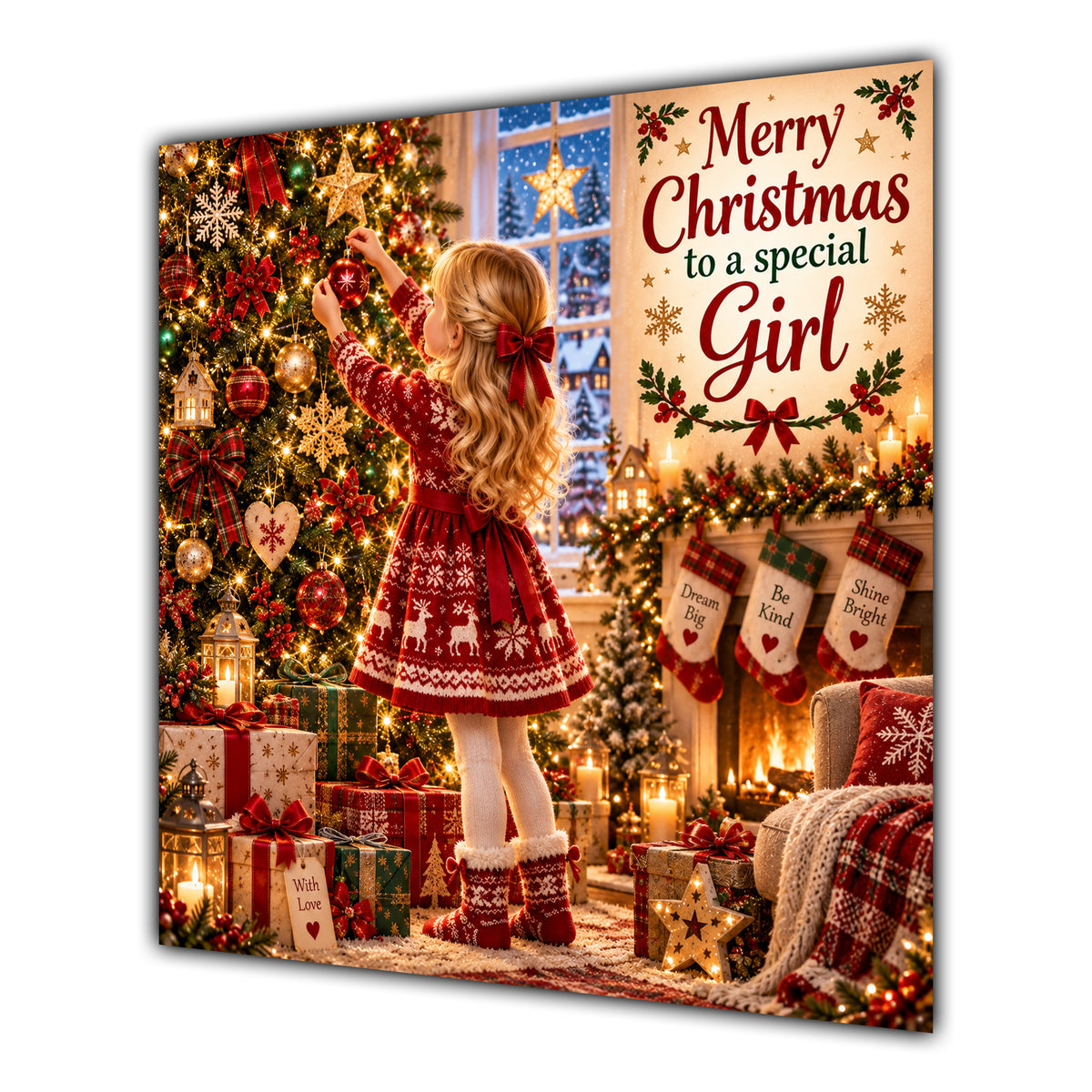 Girl Christmas Card Girl Decorating Christmas Tree Red Jumper - unpersonalised 15 cm square matte greeting card