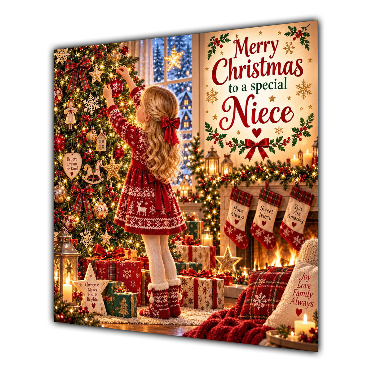 Niece Christmas Card Girl Decorating Christmas Tree Red Jumper - unpersonalised 15 cm square matte greeting card