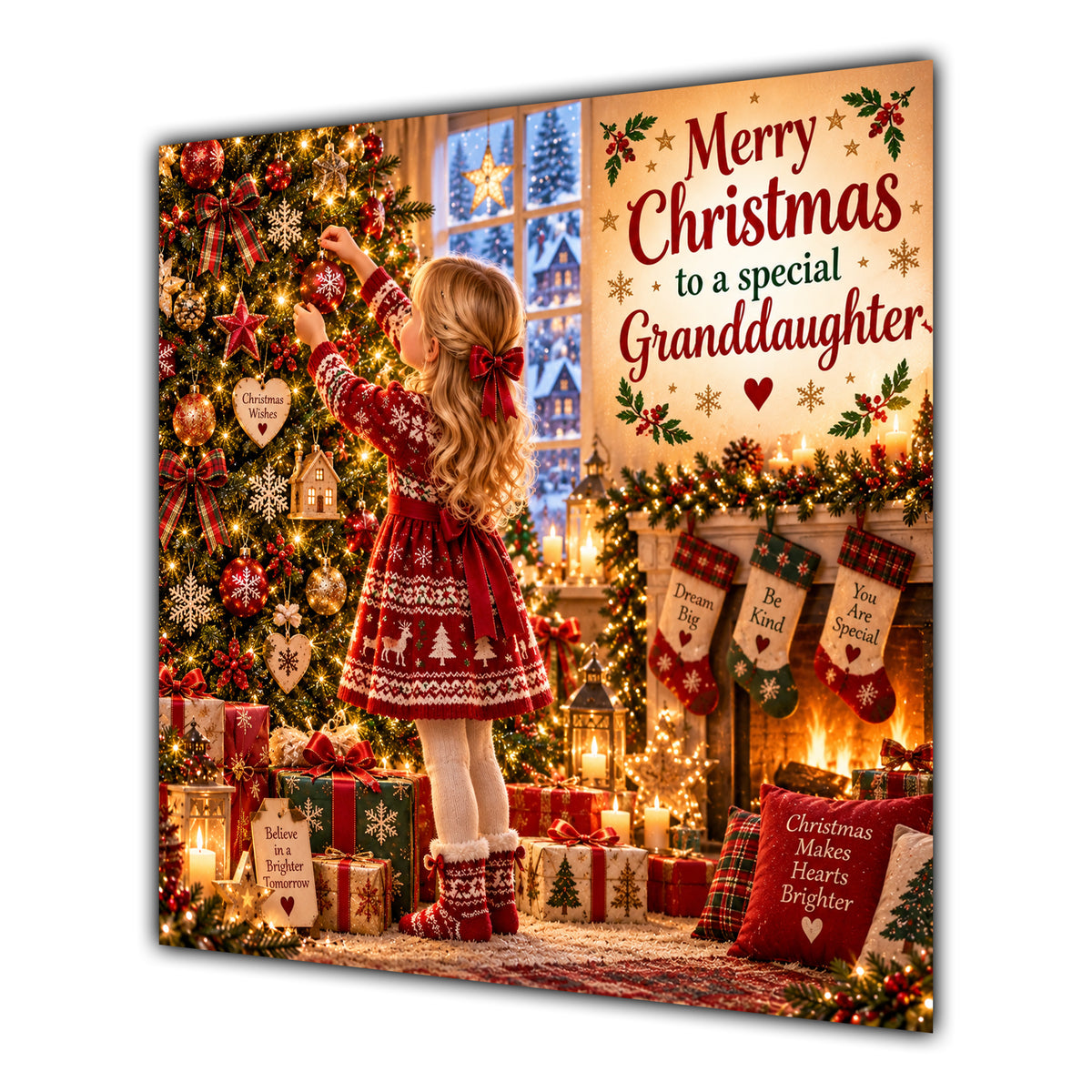 Granddaughter Christmas Card Girl Decorating Christmas Tree Red Jumper - unpersonalised 15 cm square matte greeting card