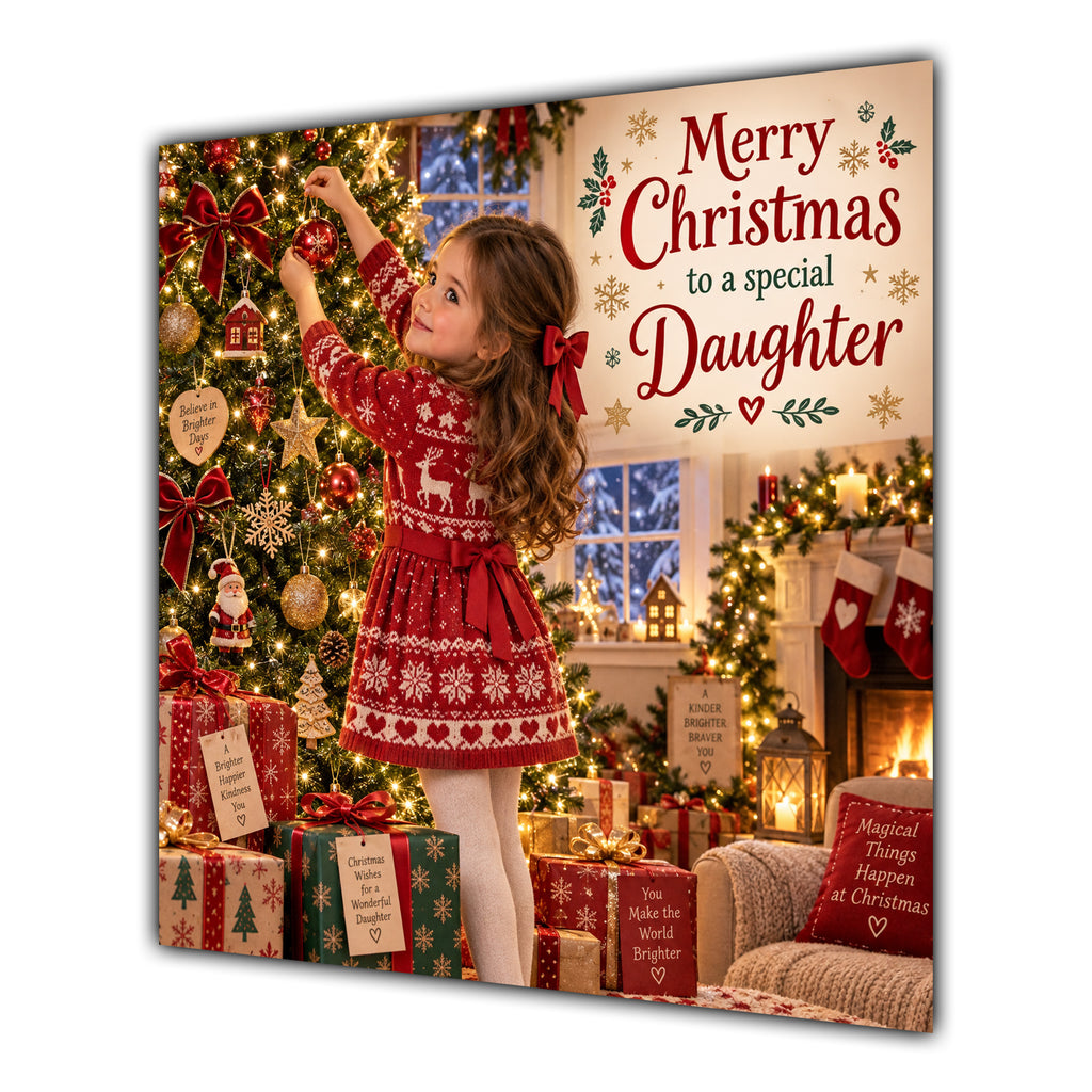 Daughter Christmas Card Girl Decorating Christmas Tree Red Jumper - unpersonalised 15 cm square matte greeting card