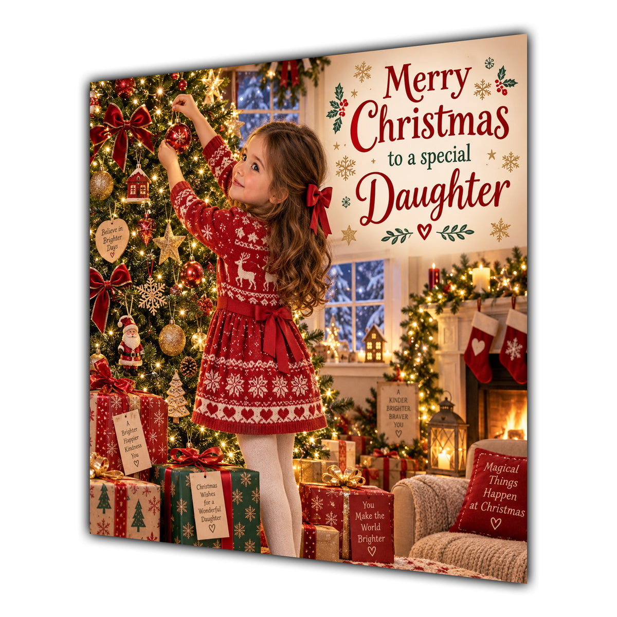 Daughter Christmas Card Girl Decorating Christmas Tree Red Jumper - unpersonalised 15 cm square matte greeting card