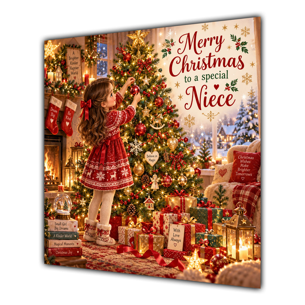 Niece Christmas Card Girl Decorating Christmas Tree Red Jumper - unpersonalised 15 cm square matte greeting card