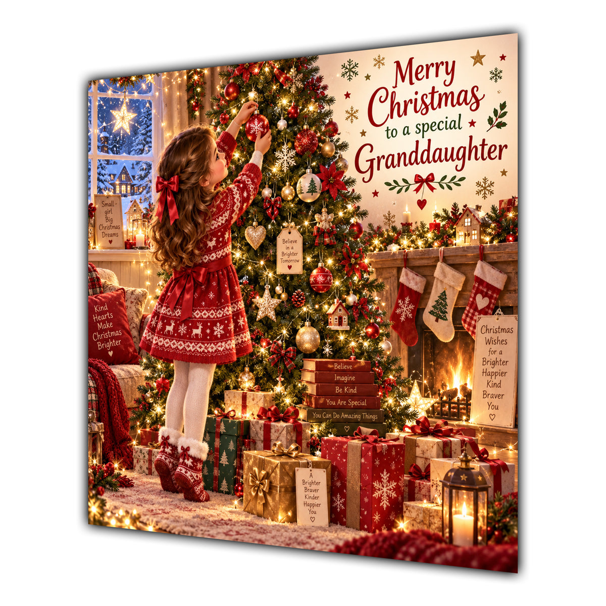Granddaughter Christmas Card Girl Decorating Christmas Tree Red Jumper - unpersonalised 15 cm square matte greeting card