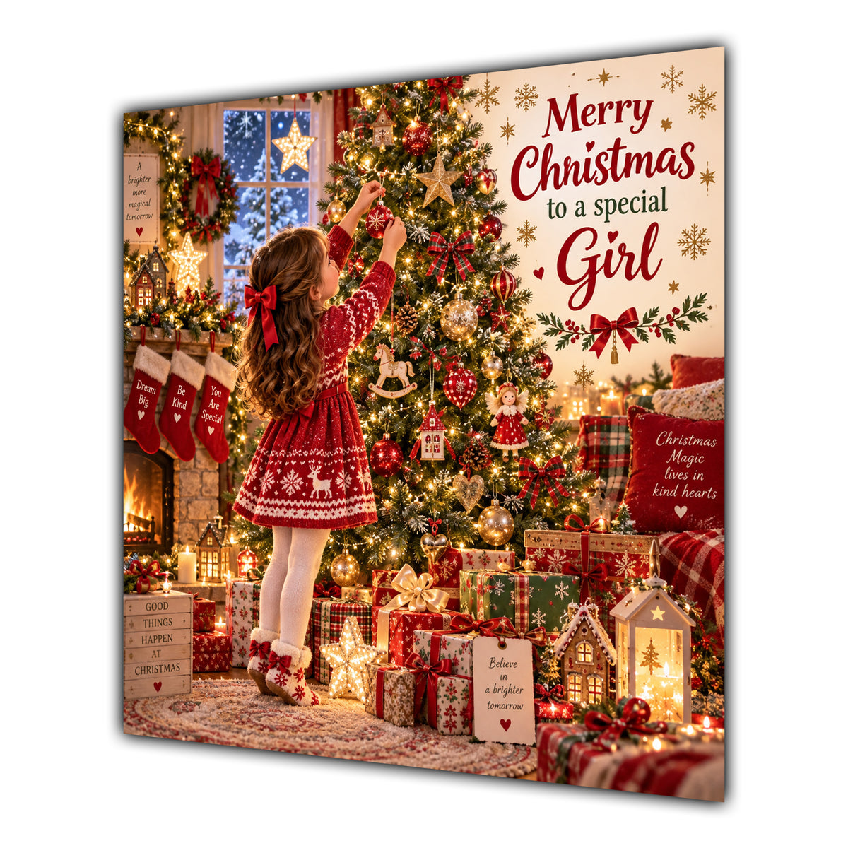 Girl Christmas Card Girl Decorating Christmas Tree Red Jumper - unpersonalised 15 cm square matte greeting card