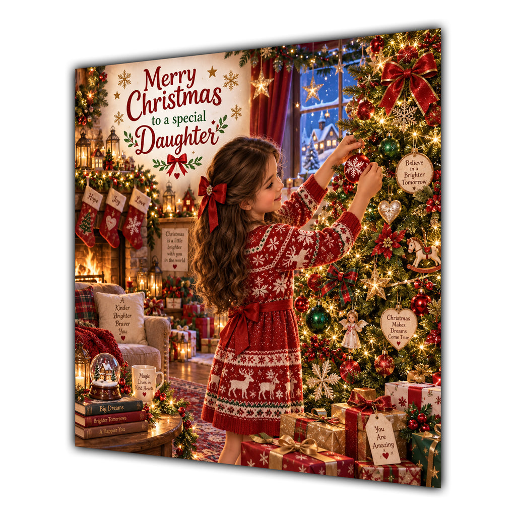 Daughter Christmas Card Brunette Decorating Christmas Tree Red Jumper - unpersonalised 15 cm square matte greeting card