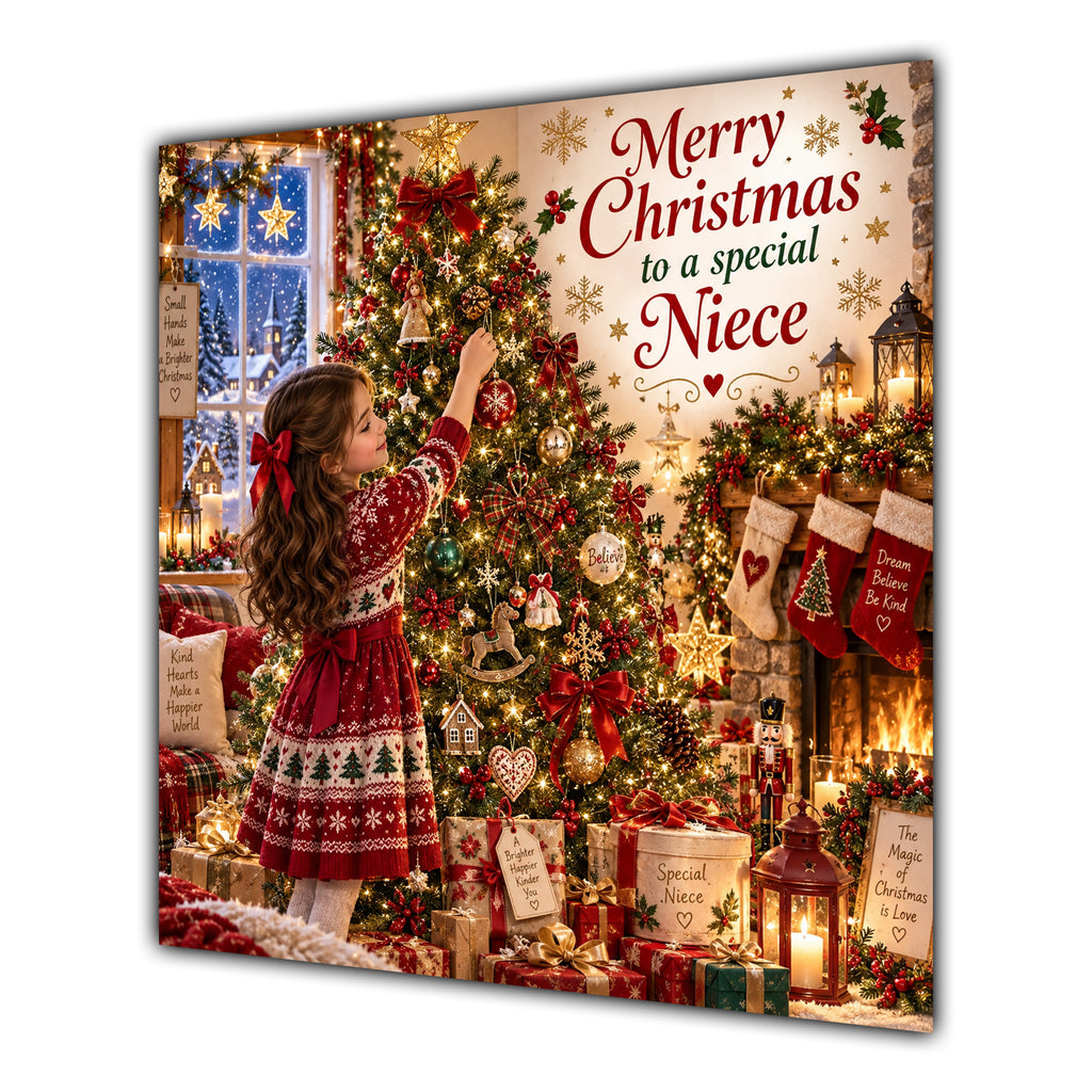 Niece Christmas Card Brunette Decorating Christmas Tree Red Jumper - unpersonalised 15 cm square matte greeting card