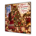 Niece Christmas Card Brunette Decorating Christmas Tree Red Jumper - unpersonalised 15 cm square matte greeting card