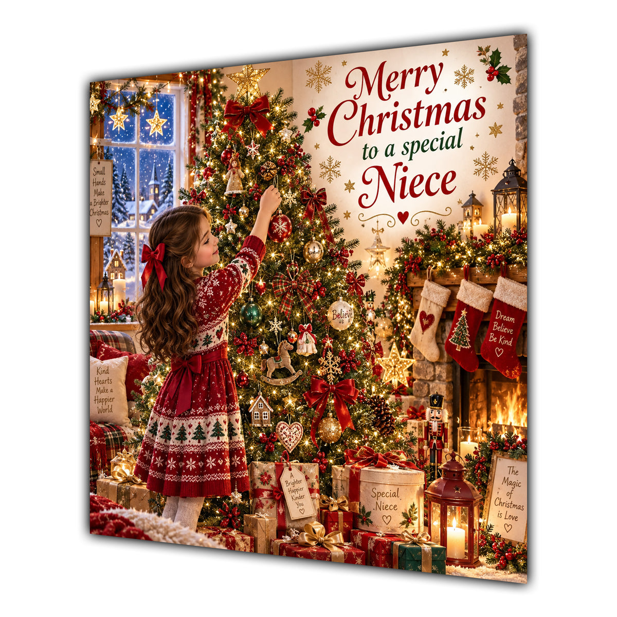 Niece Christmas Card Brunette Decorating Christmas Tree Red Jumper - unpersonalised 15 cm square matte greeting card