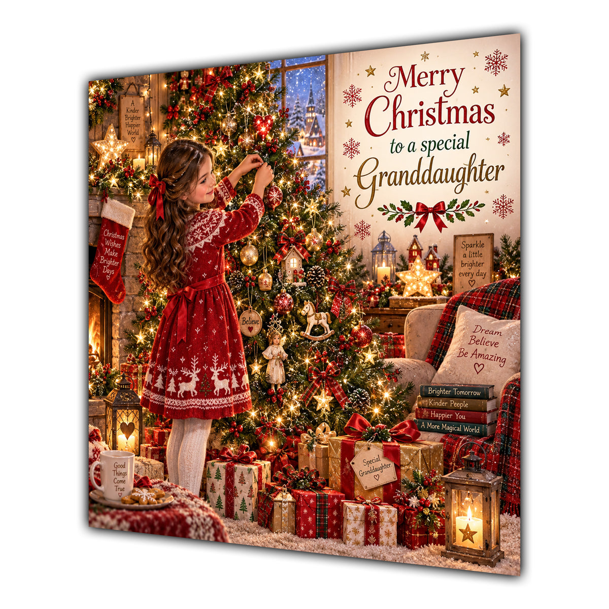 Granddaughter Christmas Card Brunette Decorating Christmas Tree Red Jumper - unpersonalised 15 cm square matte greeting card