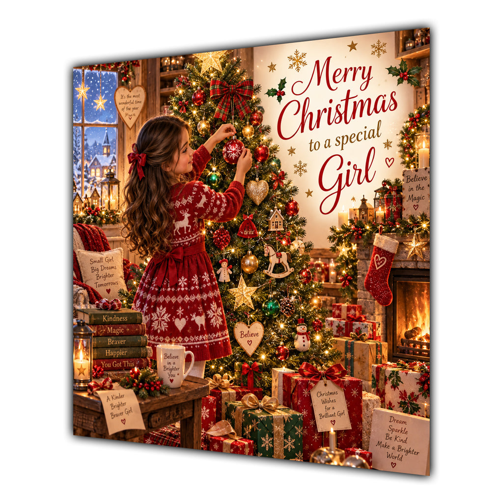 Girl Christmas Card Brunette Decorating Christmas Tree Red Jumper - unpersonalised 15 cm square matte greeting card