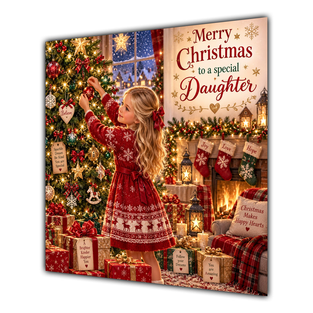 Daughter Christmas Card Blonde Decorating Christmas Tree Red Jumper - unpersonalised 15 cm square matte greeting card