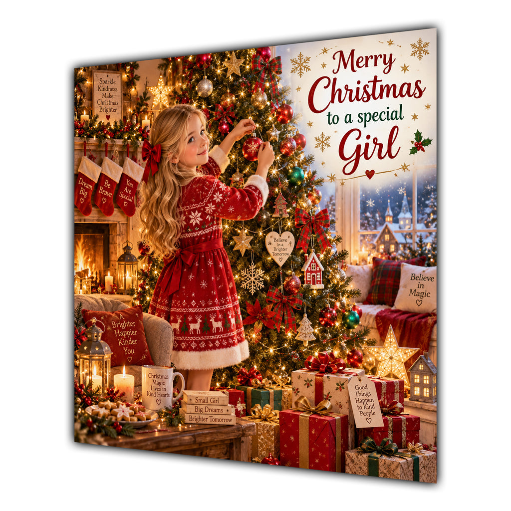 Girl Christmas Card Blonde Decorating Christmas Tree Red Jumper - unpersonalised 15 cm square matte greeting card