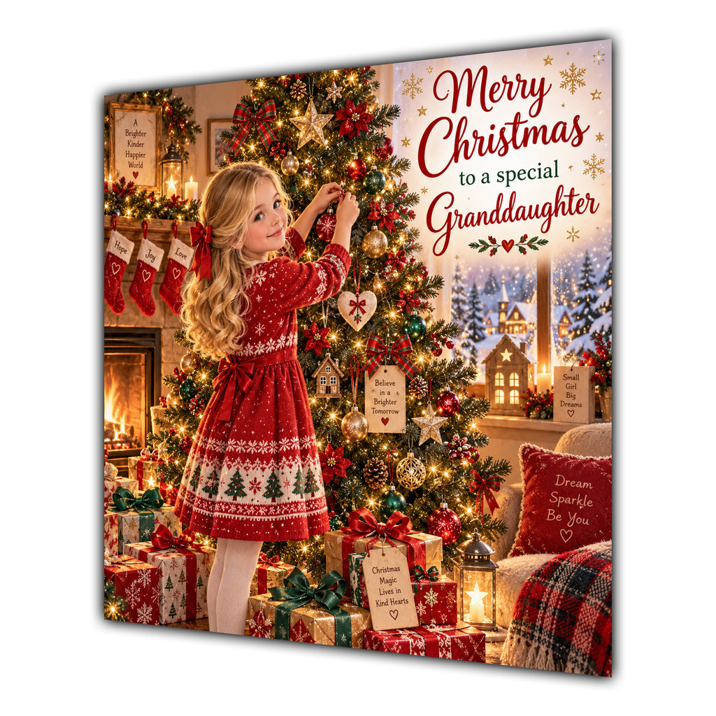 Granddaughter Christmas Card Blonde Decorating Christmas Tree Red Jumper - unpersonalised 15 cm square matte greeting card