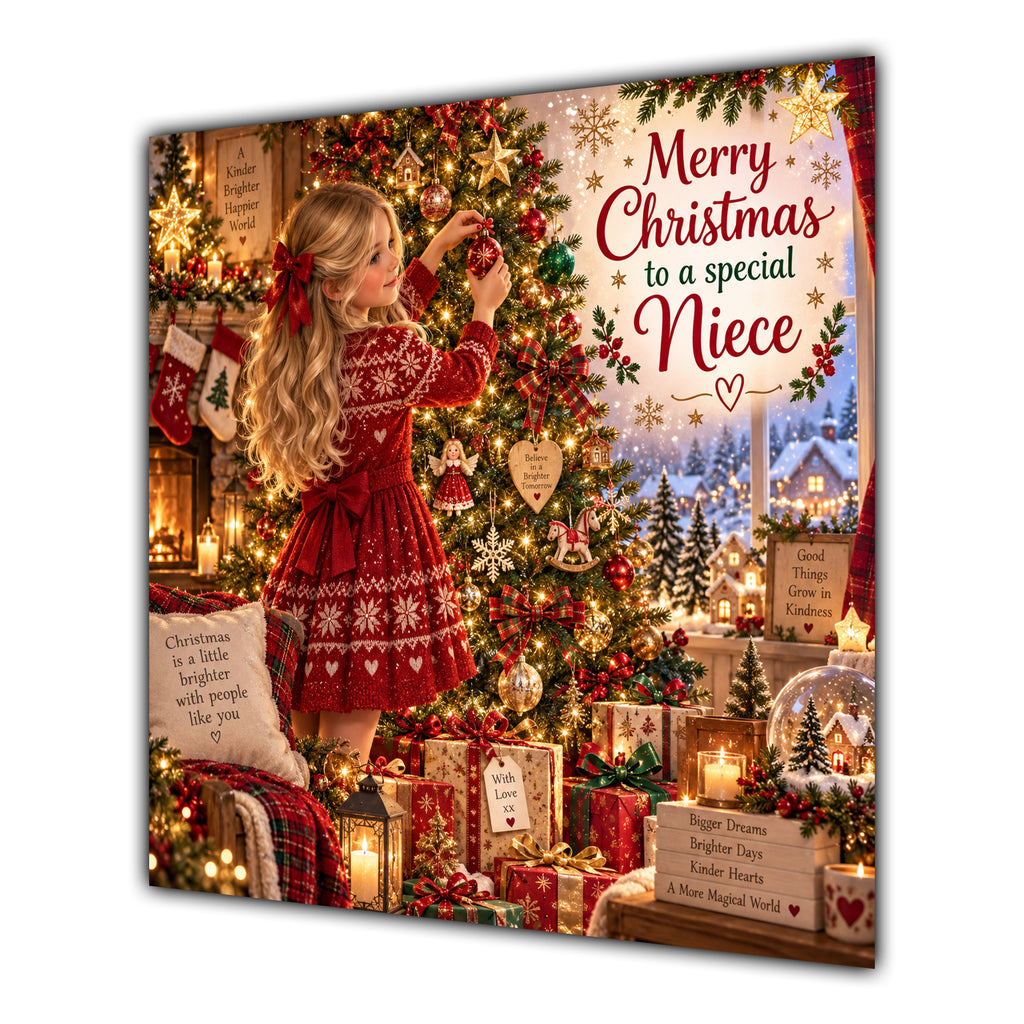 Niece Christmas Card Blonde Decorating Christmas Tree Red Jumper - unpersonalised 15 cm square matte greeting card