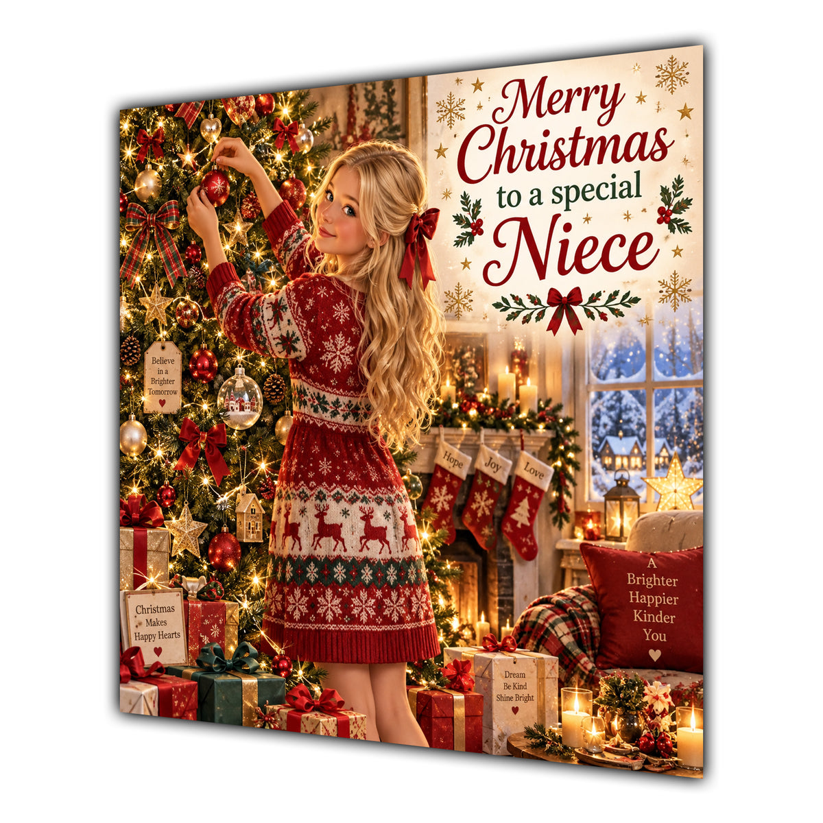 Niece Christmas Card Blonde Decorating Christmas Tree Red Jumper - unpersonalised 15 cm square matte greeting card