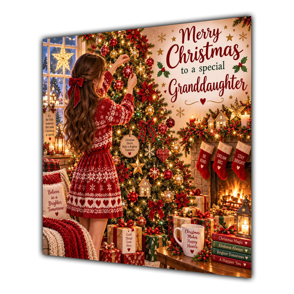 Granddaughter Christmas Card Brunette Decorating Christmas Tree Red Jumper - unpersonalised 15 cm square matte greeting card