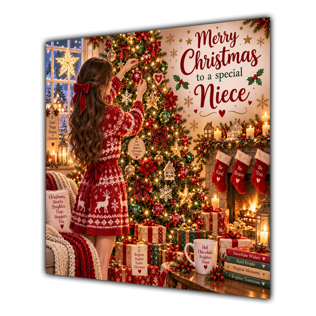 Niece Christmas Card Brunette Decorating Christmas Tree Red Jumper - unpersonalised 15 cm square matte greeting card
