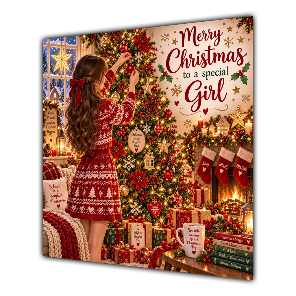 Girl Christmas Card Brunette Decorating Christmas Tree Red Jumper - unpersonalised 15 cm square matte greeting card