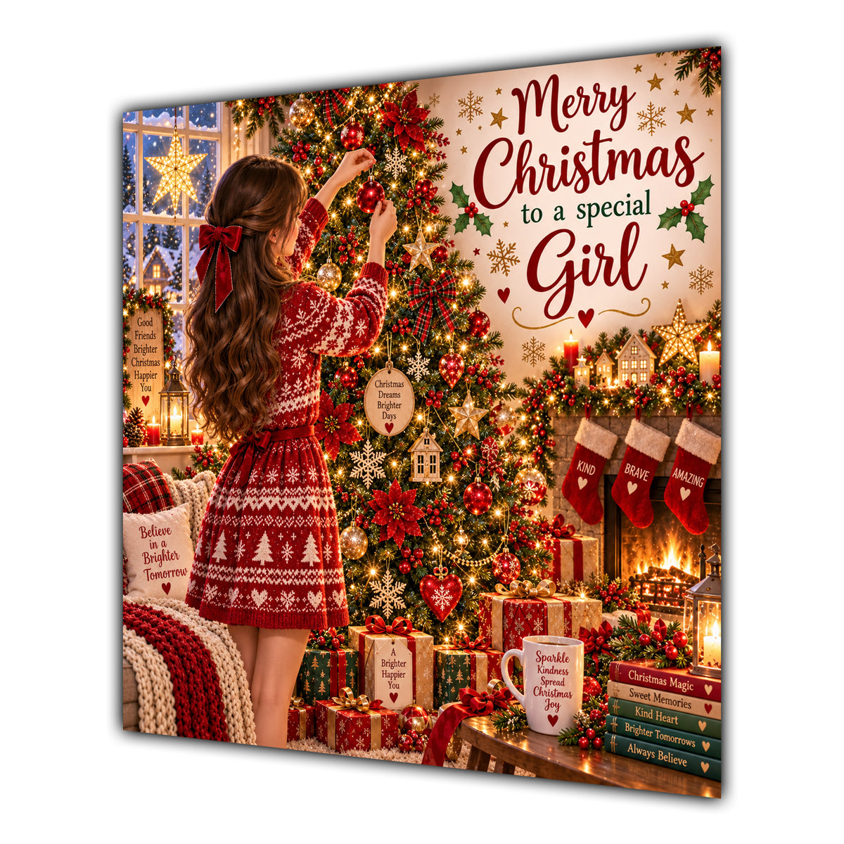 Girl Christmas Card Brunette Decorating Christmas Tree Red Jumper - unpersonalised 15 cm square matte greeting card